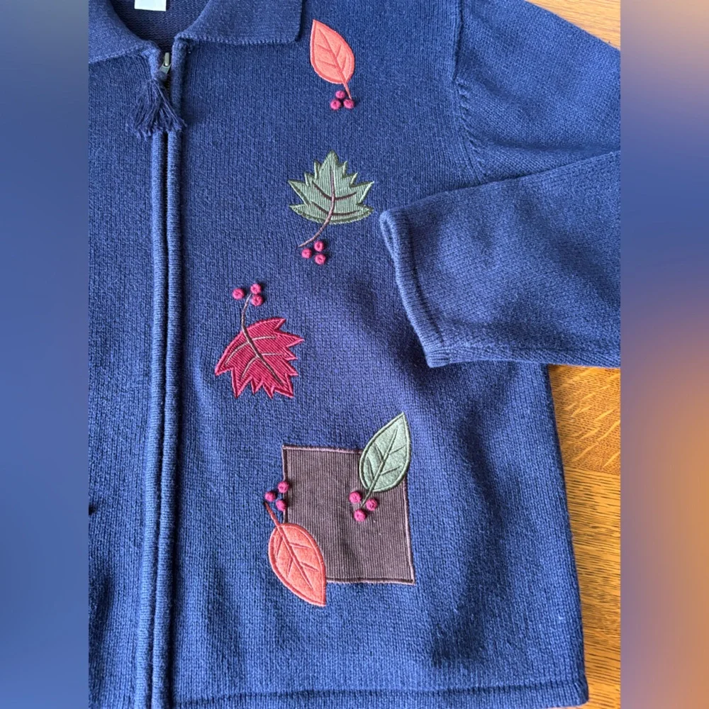 Vintage Crystal-Kobe Navy Full Zip Cardigan Leaf Fall Embroidery Collared Comfy